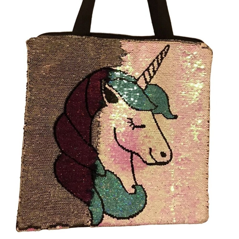 Pink Green Iridescent Unicorn Magic Sequin Tote Bag 14 1/2 x 15" Black Back - Picture 3 of 6